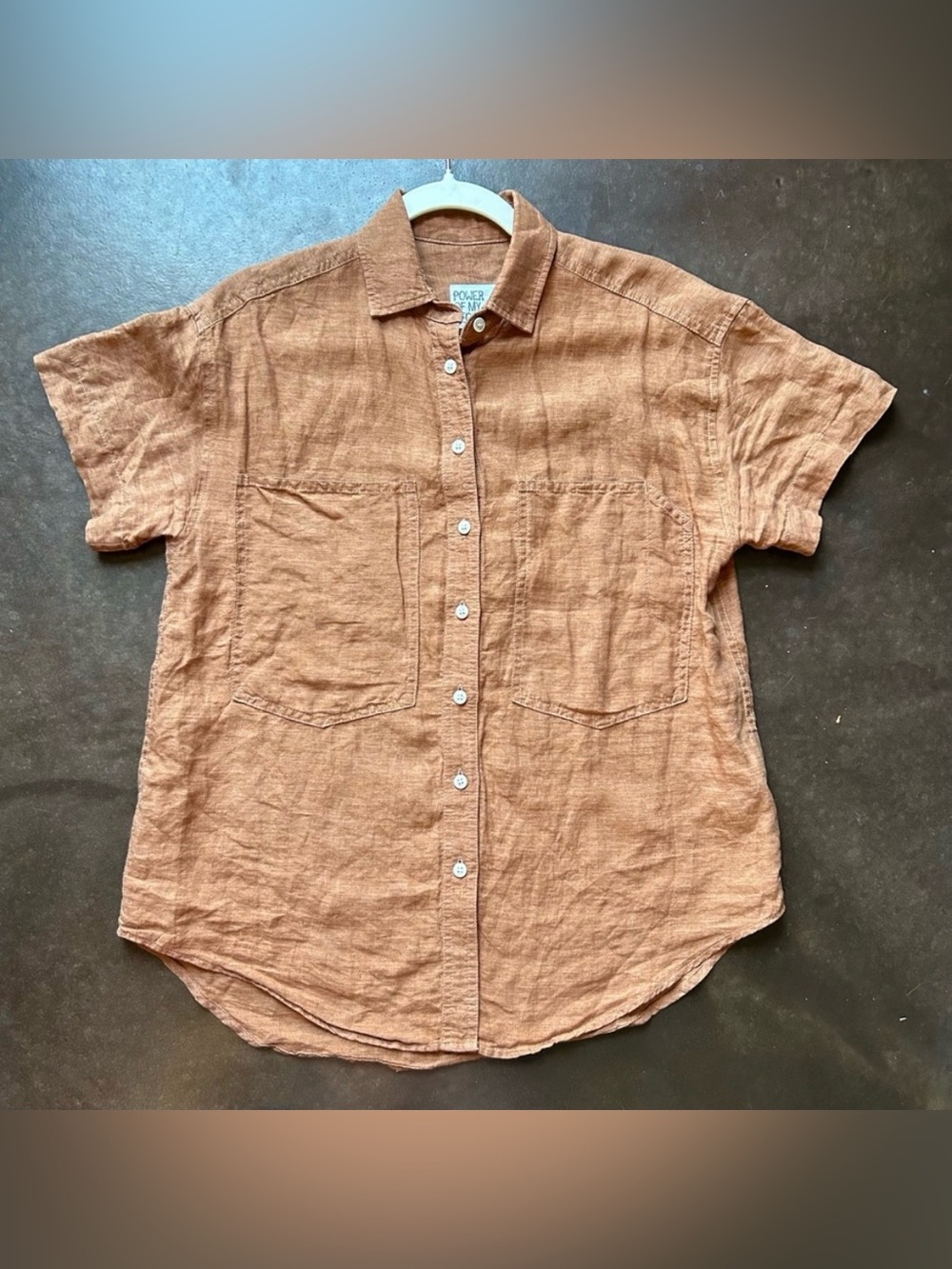 Power of my people- 100% linen oversized brown button up short sleeve- size xs